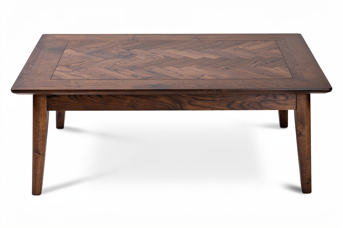 **Technische titel in het Nederlands: Moderne Houten Salontafel met Visgraatpatroon**