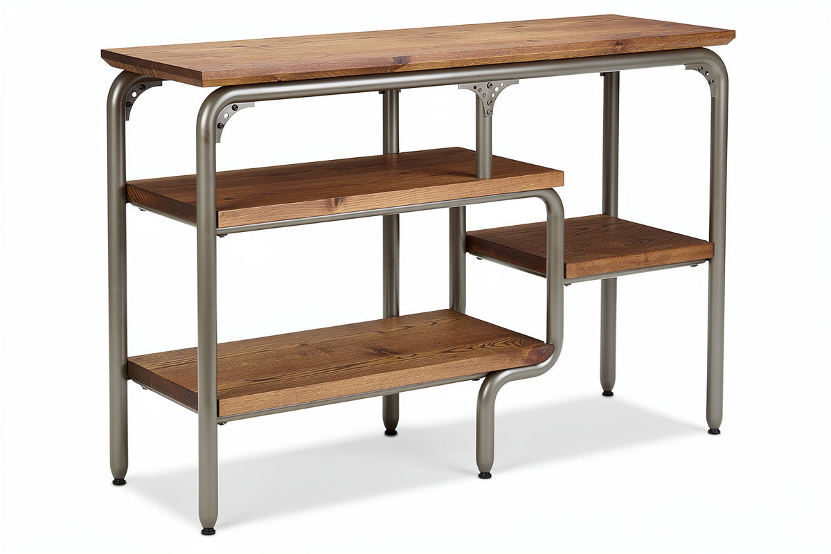 **Technische titel in het Nederlands: Modern houten console tafel met metalen frame en opbergplanken**