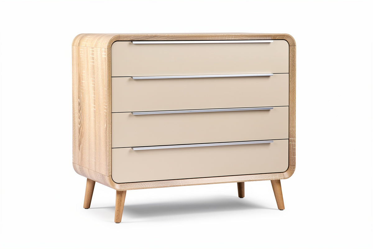 **Technische titel in het Nederlands: Elegante moderne ladekast met vier lades en een combinatie van hout en beige afwerking**