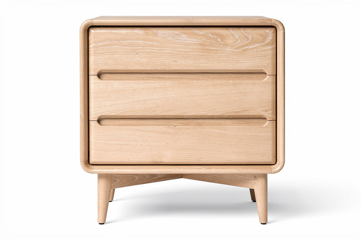 **Technische titel in het Nederlands: Minimalistische nachttafel van licht hout met twee lades**
