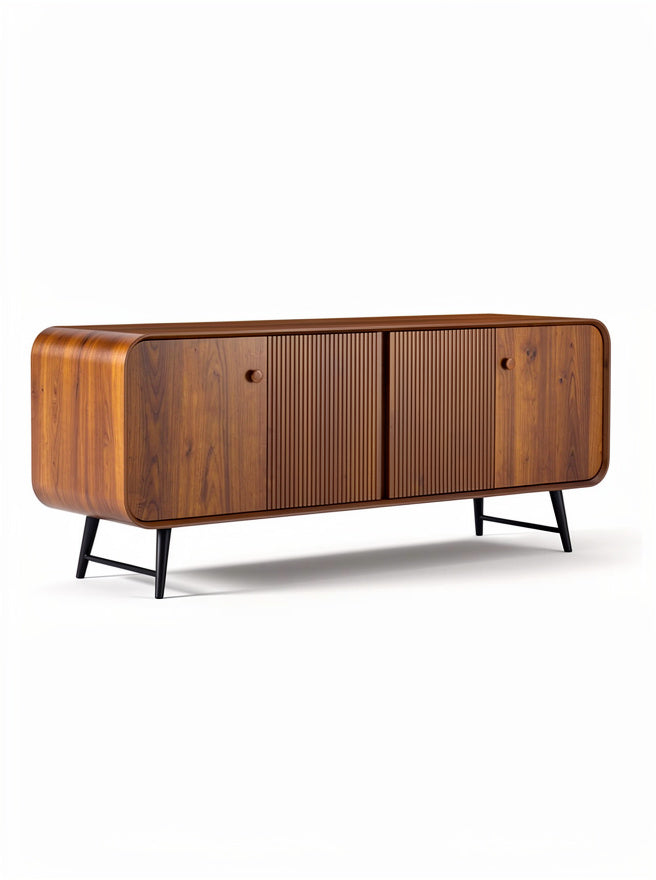 Technische titel in het Nederlands: **Moderne houten dressoir met gestructureerde deuren en zwarte metalen poten**